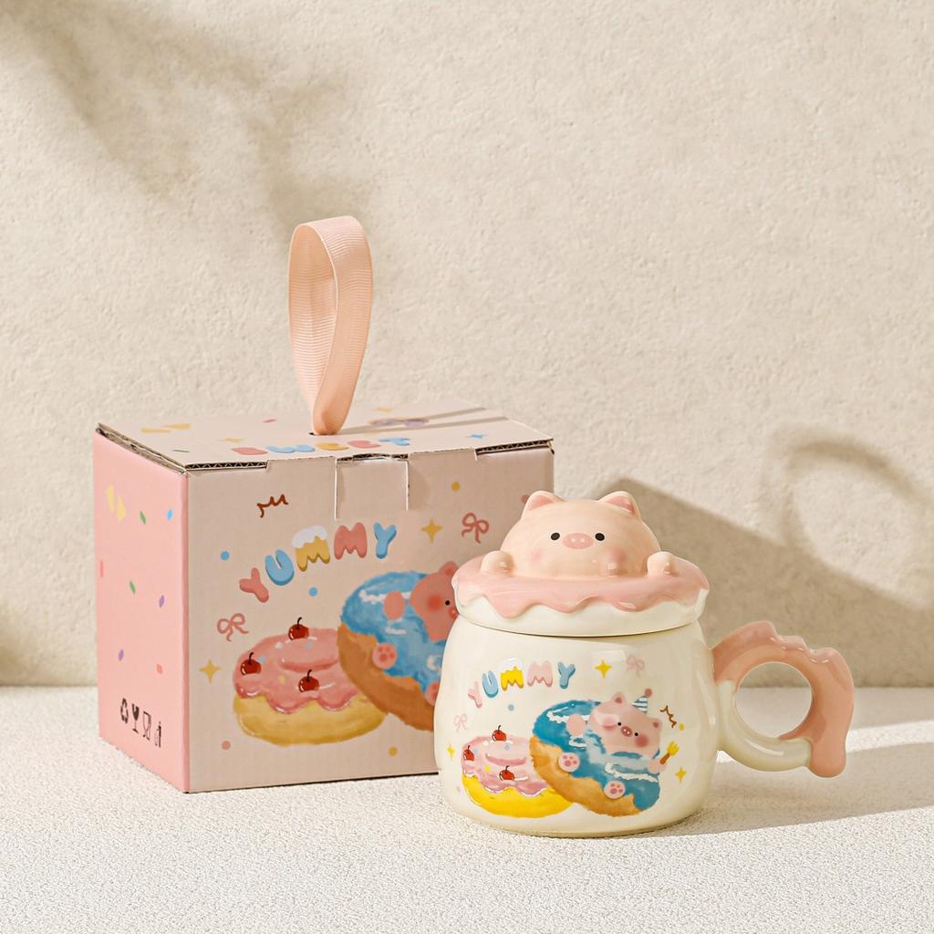 Cartoon animal piggy mug donut little girl ceramic cup with lid large capacity set cup souvenir
