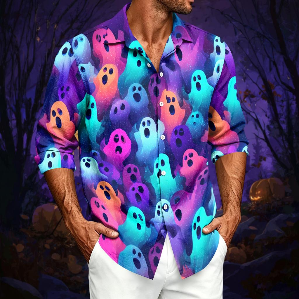 Men's Casual Long-Sleeve Shirt with Halloween Print for Spring ,Summer and Fall