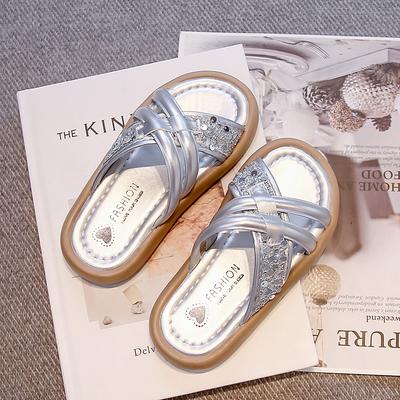 Girls Slippers Korean Style Outdoors Children Princess Shoes Shiny Sequins 2025 Summer New Kids Casual Slippers Soft Bottom