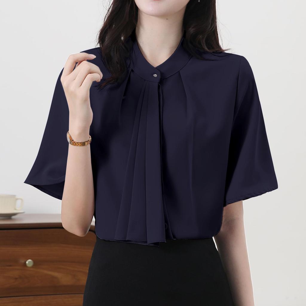 Shirt Blouse for Short Body Office Going Summer [Yino] Women, Sleeve, Bowtie, Drape, Ribbon, Covering, Slimming, Stylish, Neat, Feminine, Adult, Cute,