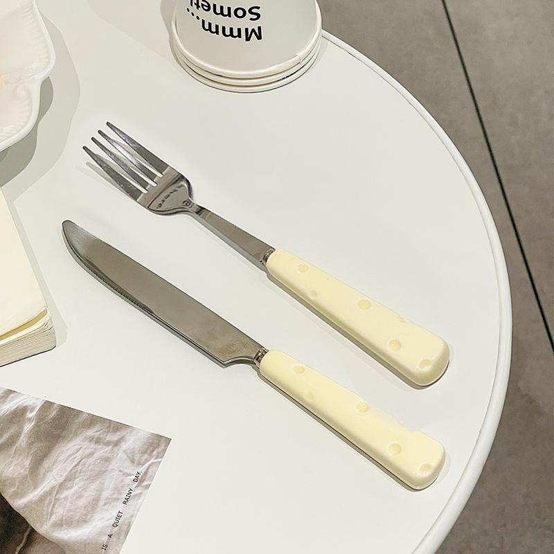 Cute Cheese Handle Tableware Set New Cream Wind Portable Outdoor Stainless Steel Steak Knife and Fork Four-piece Set