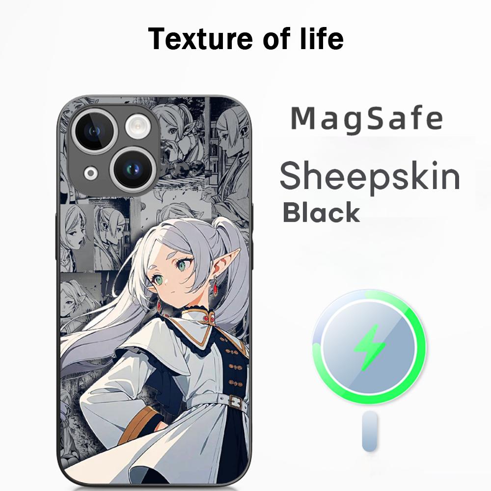 Frieren Japan Anime Cool Girl Pattern Phone Case For iPhone 16 15 14 13 12 11 Plus Pro Max High-end Luxury Magsafe Sheepskin