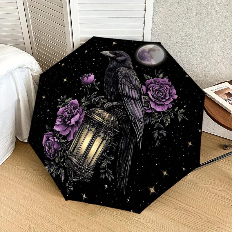 1pc Moonlit Raven with Purple Roses Umbrella with Plastic Handle,Suitable for All Seasons Home Travel Outdoor UmbrellaDD1530