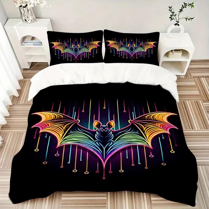3pcs Neon Bat Print Duvet Cover Set, Cover For Bedroom Guest Room (1 Duvet Cover + 2 Pillowcase, Without Quilt), yy250922111