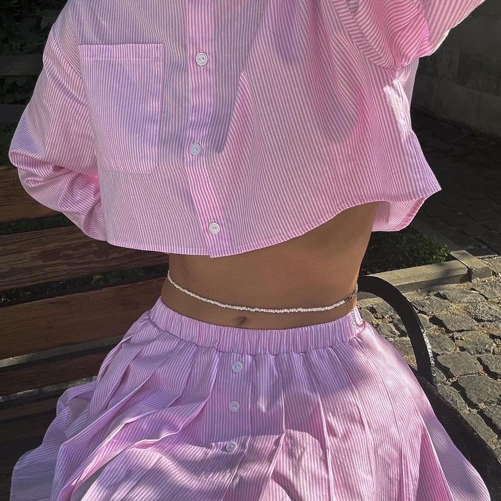 Striped Long Sleeve Shirt Women's Tennis Set Fashion Casual Elastic Waist Pleated Skirt Two-Piece Set