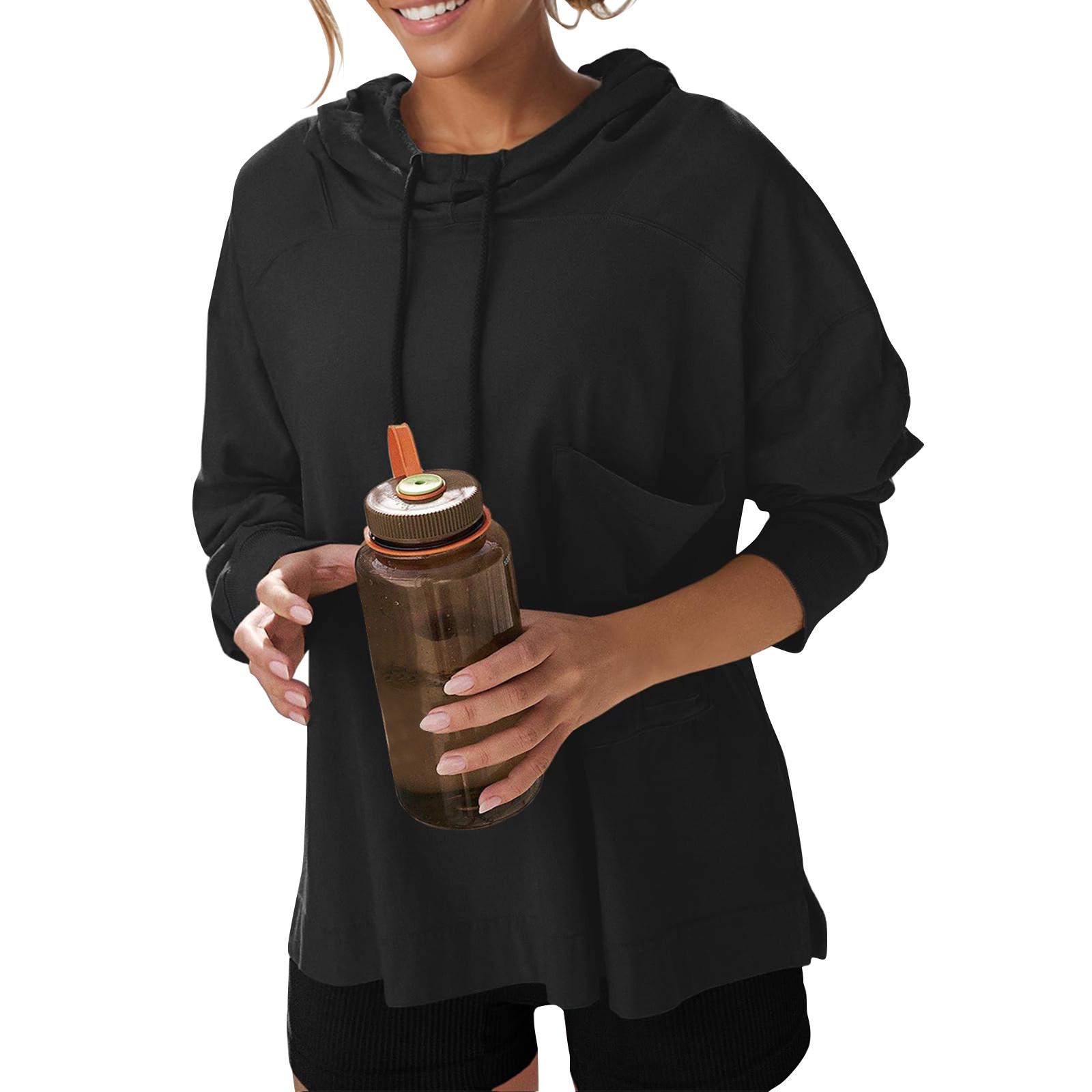 

Женские негабаритные толстовки с длинными рукавами, повседневная свободная толстовка с капюшоном и завязками с боковыми разрезами для тренировок XL чёрный