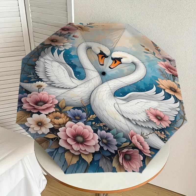 1pc Swans Flowers Automatic Open/Close Umbrella Compact Folding Umbrella with 8-Rib Shaft for Women/Men, Elegant Birthday1134S