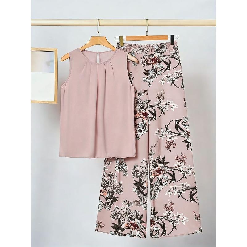 Plus Size Women's Summer Sleeveless Asymmetric Tank Top and Printed Pants Two Piece Set