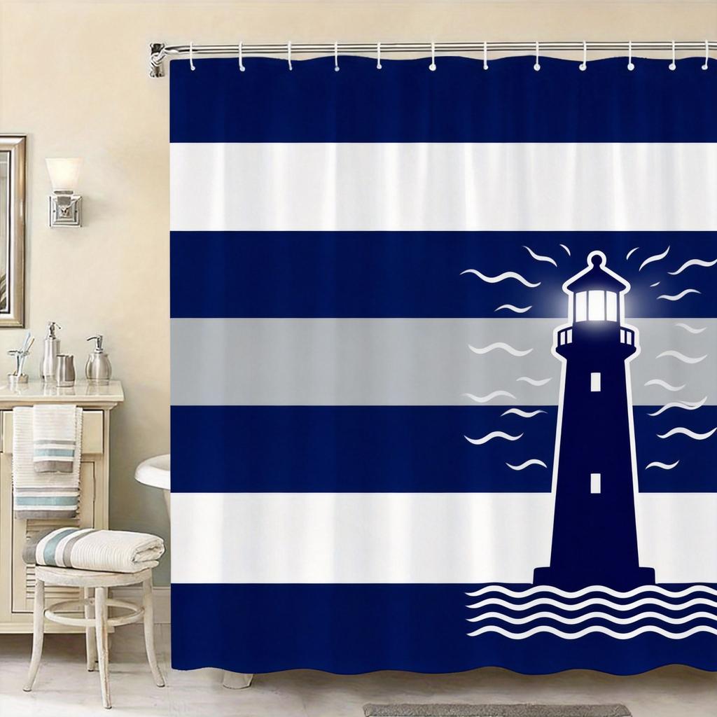 Nautical Shower Curtain 180x180cm – Navy Stripes with Anchor & Yellow Accent, Maritime Bathroom Decor, 12 Hooks