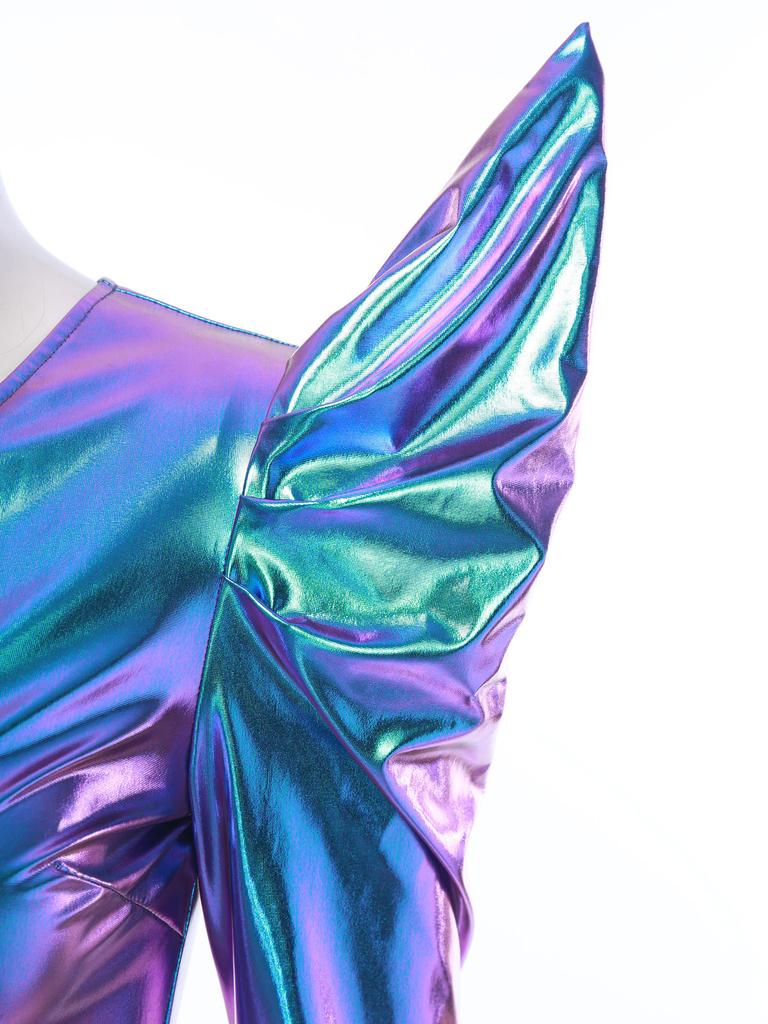 S-3XL Women‘s Disco Jumpsuit Halloween Costume: Shiny Metallic Long Sleeve High Waist Romper with Bell Bottoms & Front Zip