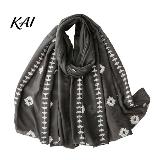 Floral Embroidered Shawl Solid Color for Women, Lightweight Soft Gauze Scarf with Vine Texture, 180x90cm Breathable Wrap Spring Summer Autumn