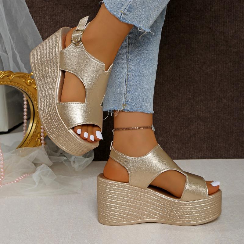 Ladies' summer new fish mouth large size wedge heel open toe buckle with wind high heel sandals women