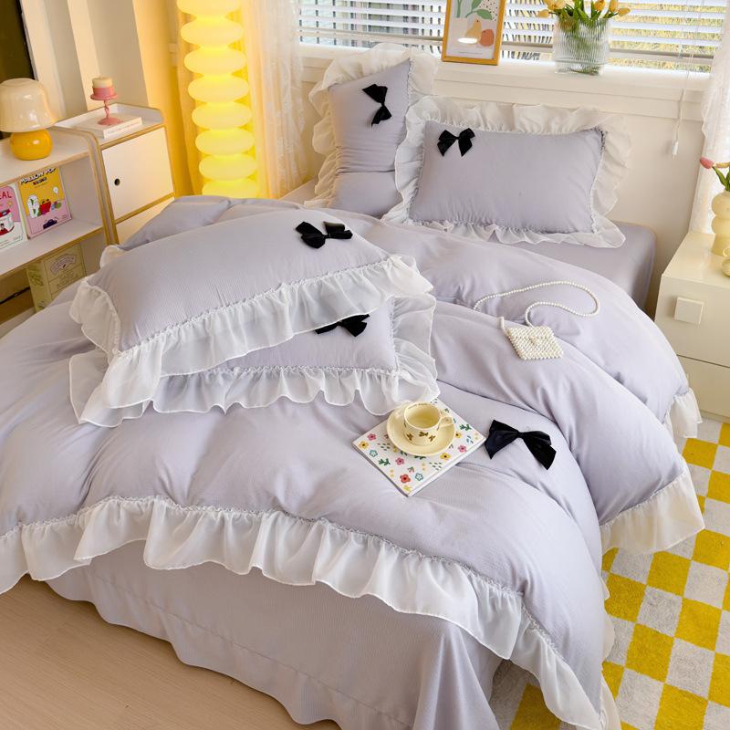 Class A Maternal And Infant Grade Girl Wind Princess Wind Seersucker Bed 4Pcs Set Of Bubble Cotton Lace Four Pieces