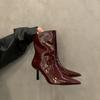 Women Sexy Pointy Patent Leather Ankle Boots Spring Autumn New Solid Color Stretch Slip On Booties Woman High Heels Skinny Boots