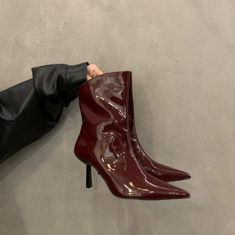 Women Sexy Pointy Patent Leather Ankle Boots Spring Autumn New Solid Color Stretch Slip On Booties Woman High Heels Skinny Boots
