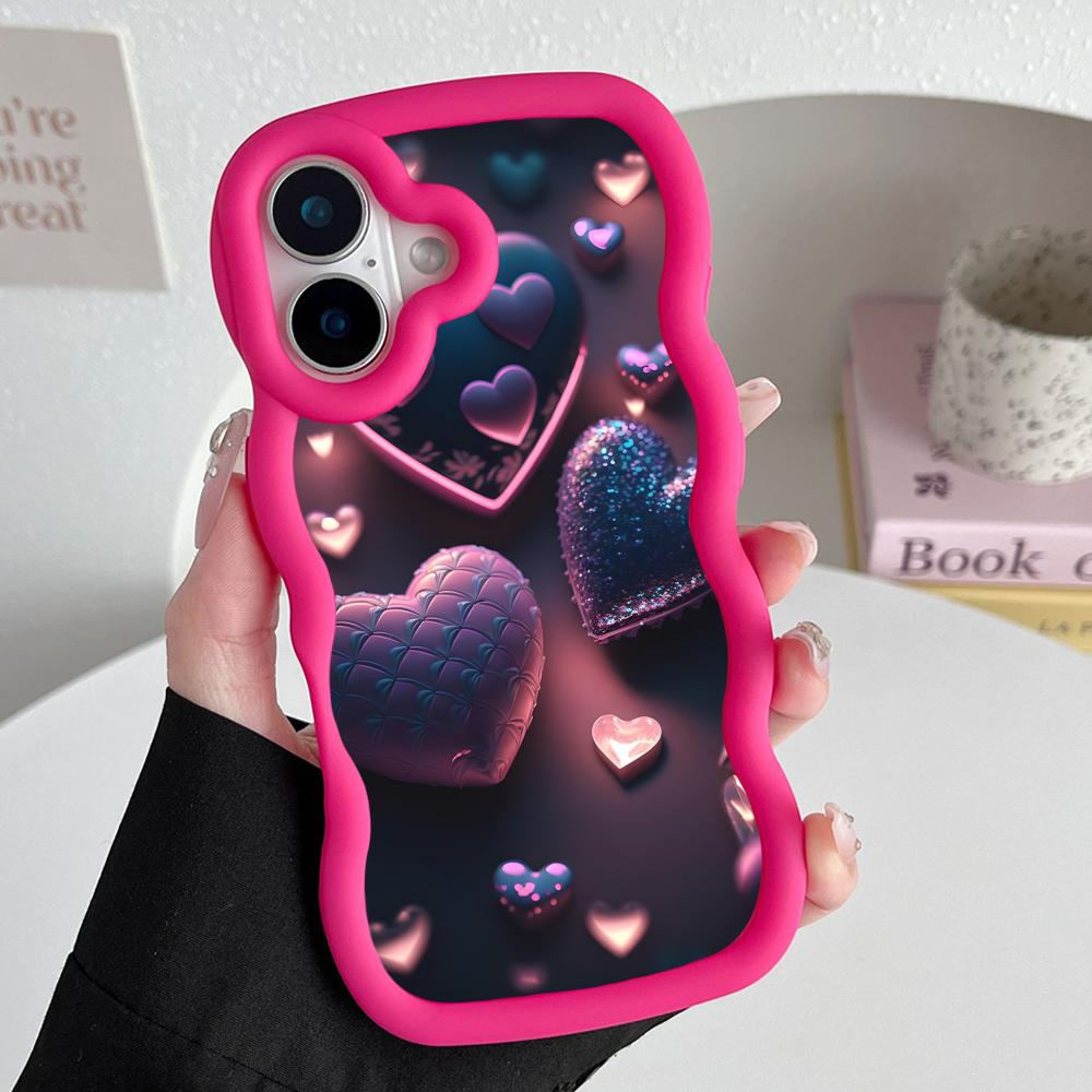 Y2K Glowing Hearts Wavy Edge TPU Mobile Phone Case for iPhone 17 16 15 14 13 12 11 Air Pro Max Plus Colorful Cover