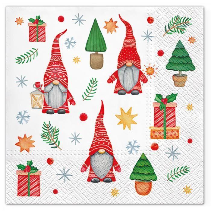Serviettes En Papier - Gnomes Noel - Lot De 20 - 33x33 Cm - Blanc - Pratiques Pour Pique-nique