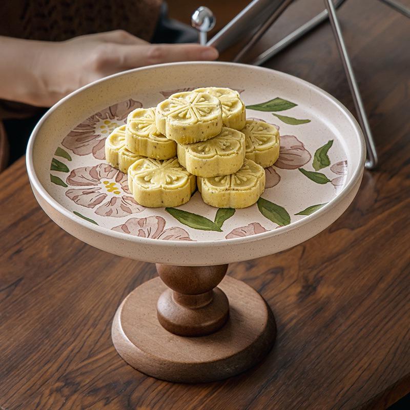 BRWooden Pallet High-sided Cake Plate Porcelain Plate Pink Flowers Fruit Tray Retro Desktop Storage Tray  Kitchen OrganizerEY