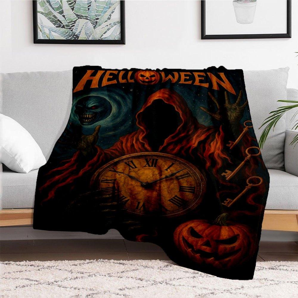 "Halloween Spooky Clock with Pumpkin and Ghost"Blanket Flannel Throw Blanket for Sofa, Bed, Travel, Camping, Office