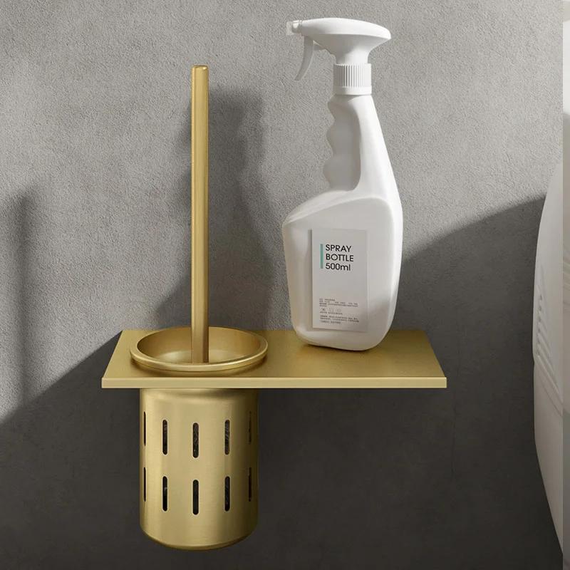 Toilet toilet brush set with no punching, bathroom wall mounted space aluminum brushed gold toilet brush holder cleaning brush