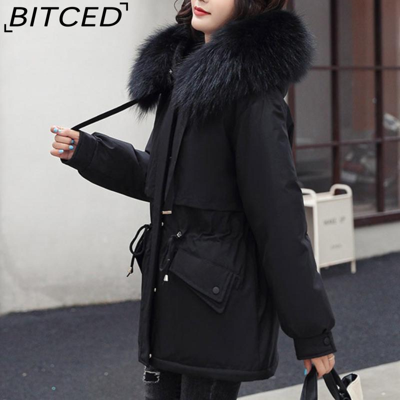 BITCED Women's Mid-Length Drawstring Cotton Coat with Fleece Lining Loose-Fit Puffer Jacket with Down-Fill Cotton Padding Winter Outerwear