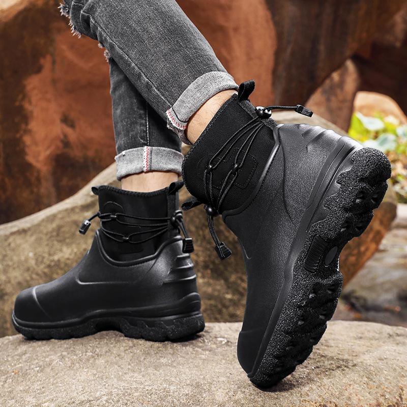 Fashion Men's Rain Shoes Leather Top Thick Sole High Top Anti Slip Water Shoes Outdoor Mountaineering Plush Warm Boots Work Safety Boots