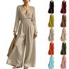 Damen V-Ausschnitt Taillenbetonender Langarm-Jumpsuit, Farbe, Elegant für Arbeit und Abend