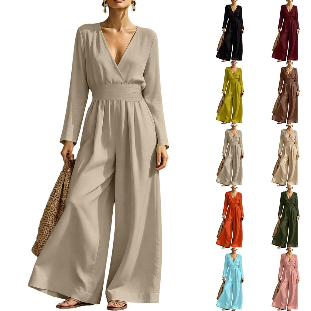 Damen V-Ausschnitt Taillenbetonender Langarm-Jumpsuit, Farbe, Elegant für Arbeit und Abend