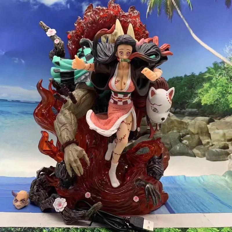 Demon Slayer Nezuko Wächter GK Figur Mutierte Kamado Doppelkopf Skulptur Siebenfarbige Leuchtende Anime Statue Schreibtischdekoration Geschenk Spielzeug