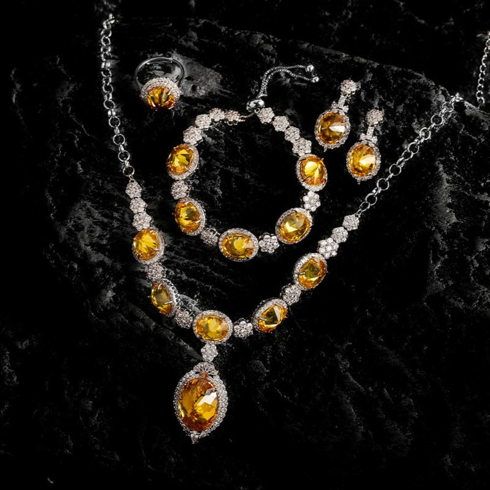 Women Jewelry Set Glossy Pigeon Blood Ruby Zircon Necklace Earrings Open Ring Stretch Bracelet