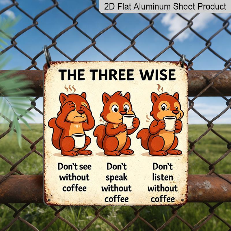 

2D Flat - 1pc Vintage Aluminum Metal Sign for Outdoor Wall Decoration, The Three Wise Squirrels Quote Retro Metal Plaque, Vintage Coffee Bar Wall 20*20cm