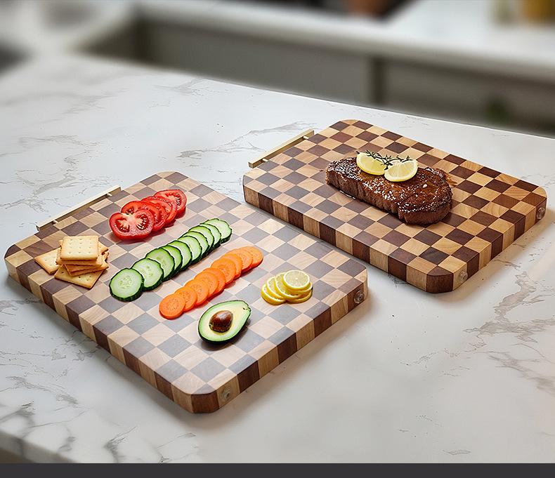 Thickened Rubber Wood Checkerboard Cutting Board with Stainless Steel Handle