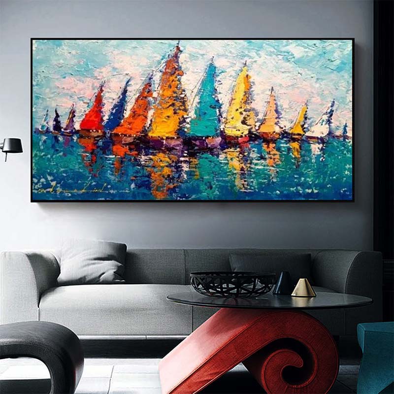 Abstract Landscape Sailboat Colorful Canvas Painting Ship Boat Posters and Prints Wall Art Pictures for CuadrosLiving Room Decor No Frame