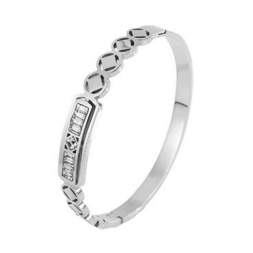 Fashionable Stainless Steel Inlaid Zirconium Copper Money Bracelet for Women Gold Cut Hollow Bracelet Party Daily Jewelry
