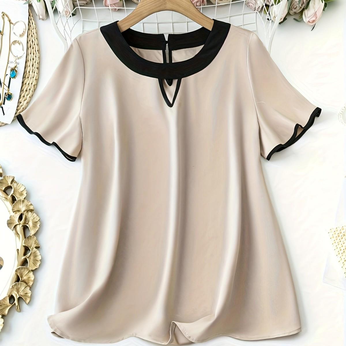 

Plus Size Women s Casual Patchwork Short Sleeve T-shirt - Spring/Summer Solid Color Top 3XL абрикосовий