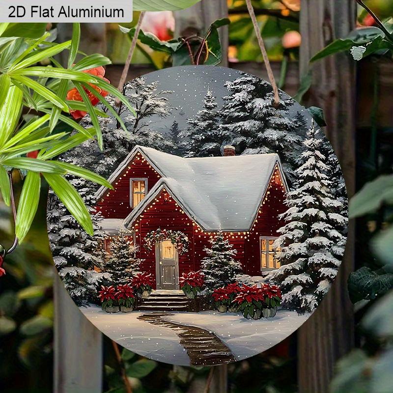 2D Flaches Aluminium-Weihnachtsschild mit Schneehäuschen-Muster - Warme Winter-Figuren-Ornamente - Ideal für Haustür, Wand, Veranda, Fensterdekoration - Ideal
