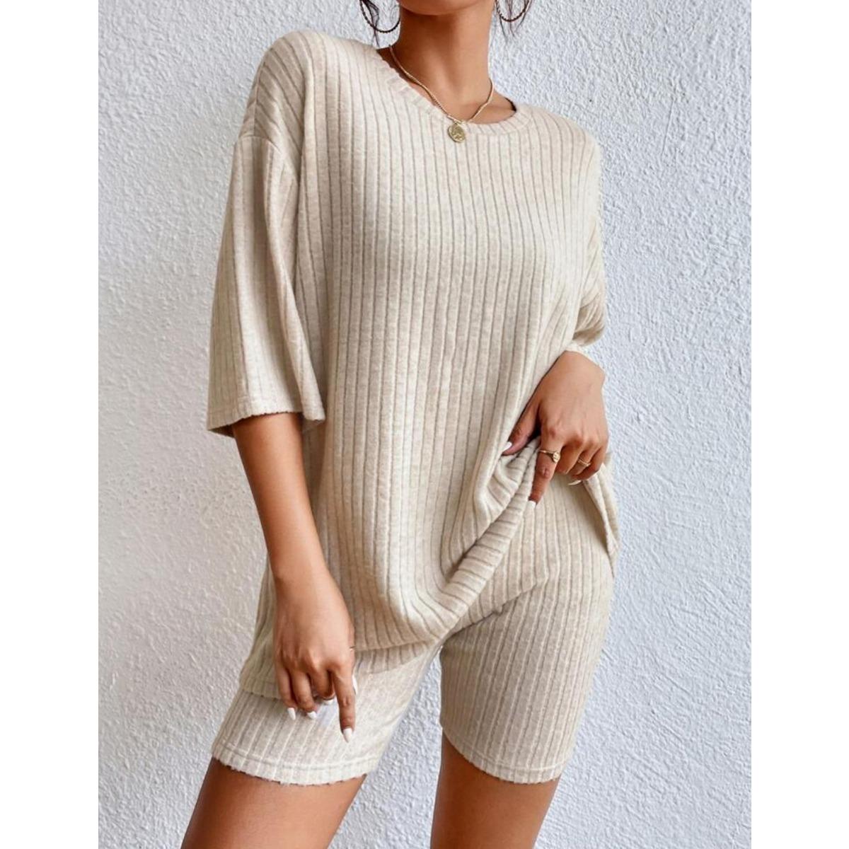 

Модный повседневный однотонный весенний комплект из свободных женских шорт с круглым вырезом M абрикосовый