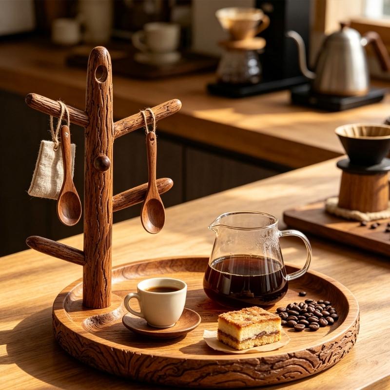 Entryway Key Holder Stand with a Warm Brown Wood Look, 5 Separate Arms, and a Catchall Tray for Frequently Used Personal Accessories