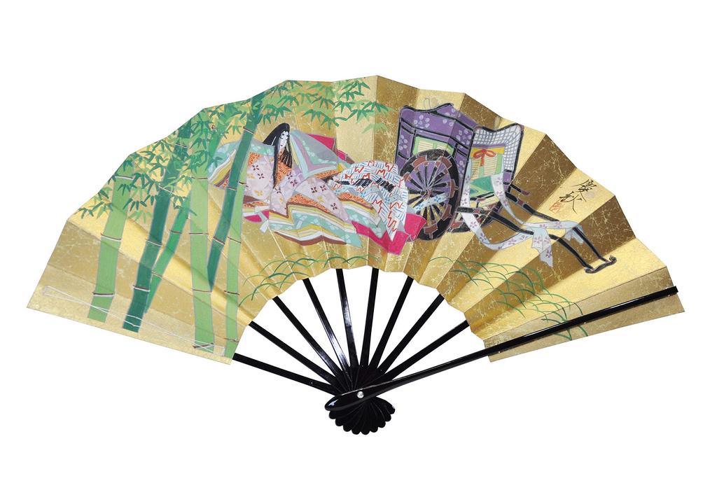 decorative bamboo and white with fan boxed <Kyoto Fan> Hand-painted double-sided fan, cutter/red plum, stand,