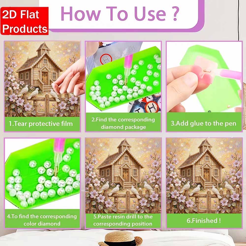 Pearl Painting 5D DIY Decorative Painting. Cute Birthday Gift. Handmade Art Painting. Pearl House Doves and Flowers