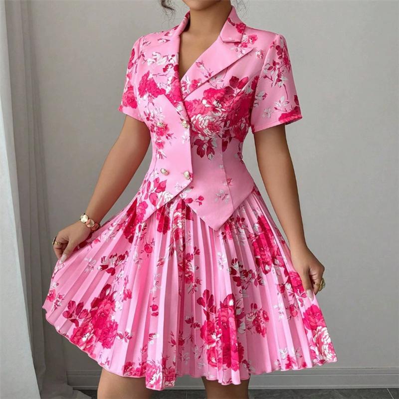 Women Floral Blazer Outfit Short Sleeve Lapel Pleated Mini Skirt Set Elegant Vintage Rose Print Party Ensemble Dating & Evening