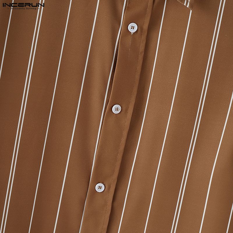 INCERUN Oversized Men Turn-down Collar Long Sleeve Striped Casual Loose Shirts