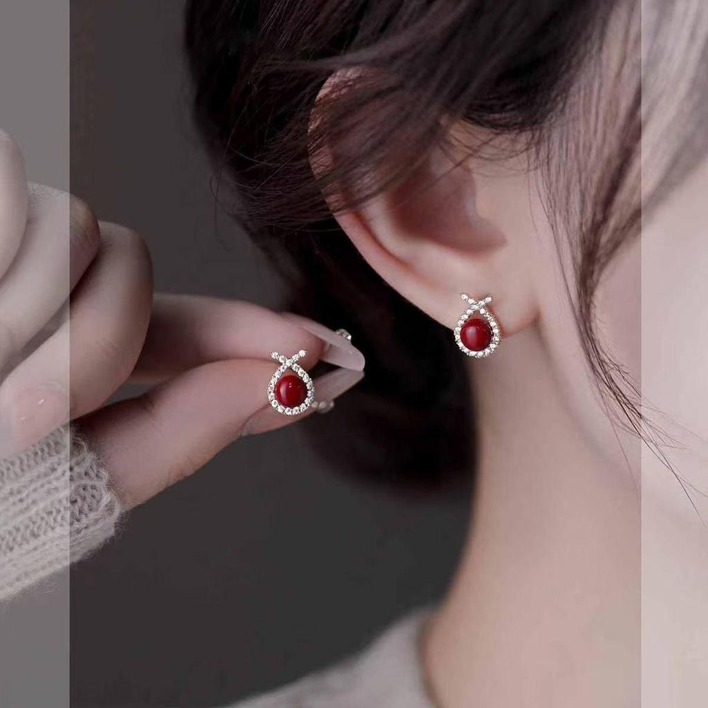 Elegant Red Pearl Rhinestone French Earrings: Women's Light Luxury Fashion Accessory