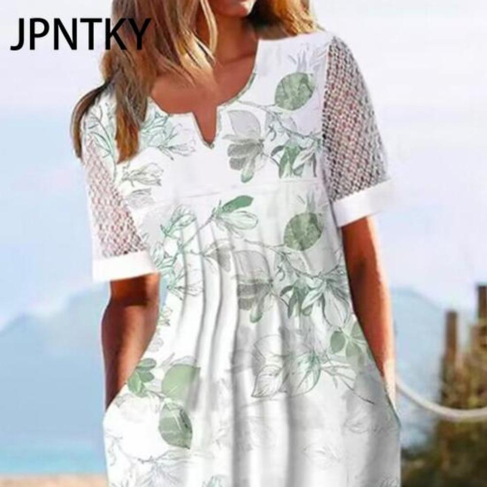 JPNTKY Summer Dress With Pockets Anti-Pilling Popular Floral Print Cocktail Tunic Long Streetwear Dressy Outfits