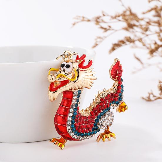 Zinc Alloy Dragon Keychain with Rhinestones Inlay Lovely Lucky Chinese Dragon Hanging Ornament 3D Cartoon 2024 Year of Dragon Pendant