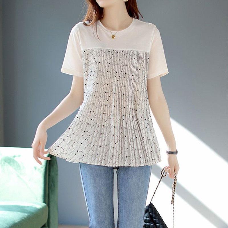 Fashion Pleated Patchwork Pullovers Female Clothing Casual All-match Loose Summer New Korean Short Sleeve O-Neck T-shirt