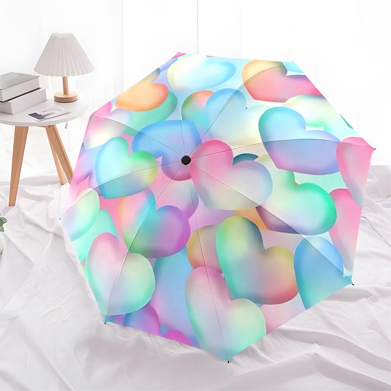 Colorful Heart Pattern Automatic Opening/Closing Umbrella with Foldable Design,Iron Frame Outdoor Rain Gear for Festivals,Travelers,Daily