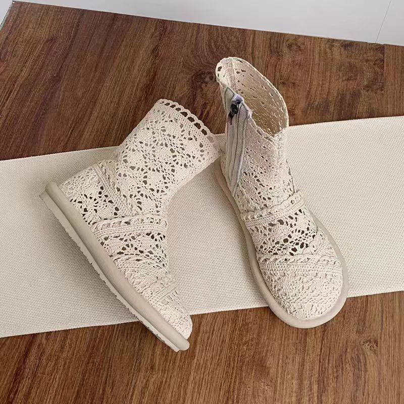 2026 Woman Ankle Cool Boots Women's Knitted Cotton Hemp Hollow Mesh Sandals Ladies Comfortable Flat Bottom Soft Soled Shoes