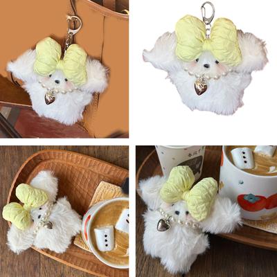 Chaveiro de pelúcia com pingente de cachorro de desenho animado, fofo, laço, chaveiro de carro, mochila, decoração, joias da moda para mulheres