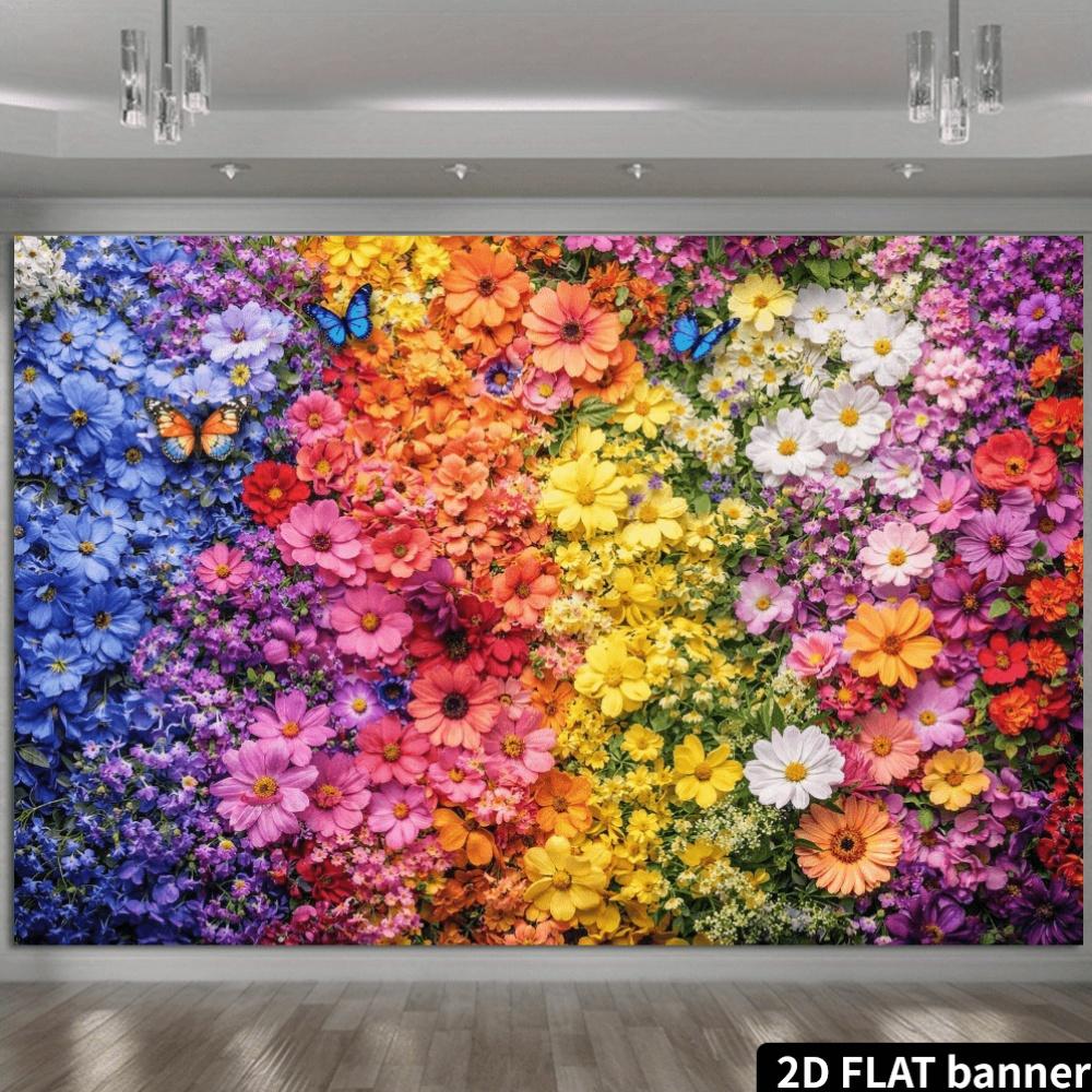 2D plane dense rainbow flower wall backdrop fabric made of polyester fibers with colorful flowers and butterfly patterns